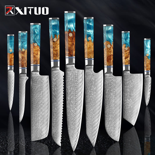XITUO 1-9Pcs Damascus Chef Knife Razor Sharp Japanese Knife For Kitchen Cuisine Meat Cut Kiritsuke Nakiri Peeling Cooking Knife