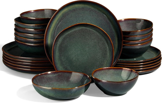 Geschirrset 6 Personen, 24-Tlg Steinzeug Tafelservice Set, Unregelmäßig Rund Geschirr Set Mit Speiseteller, Dessertteller, Müslischalen, Mikrowellen- & Spülmaschinenfest, Reaktives Tundra Grün