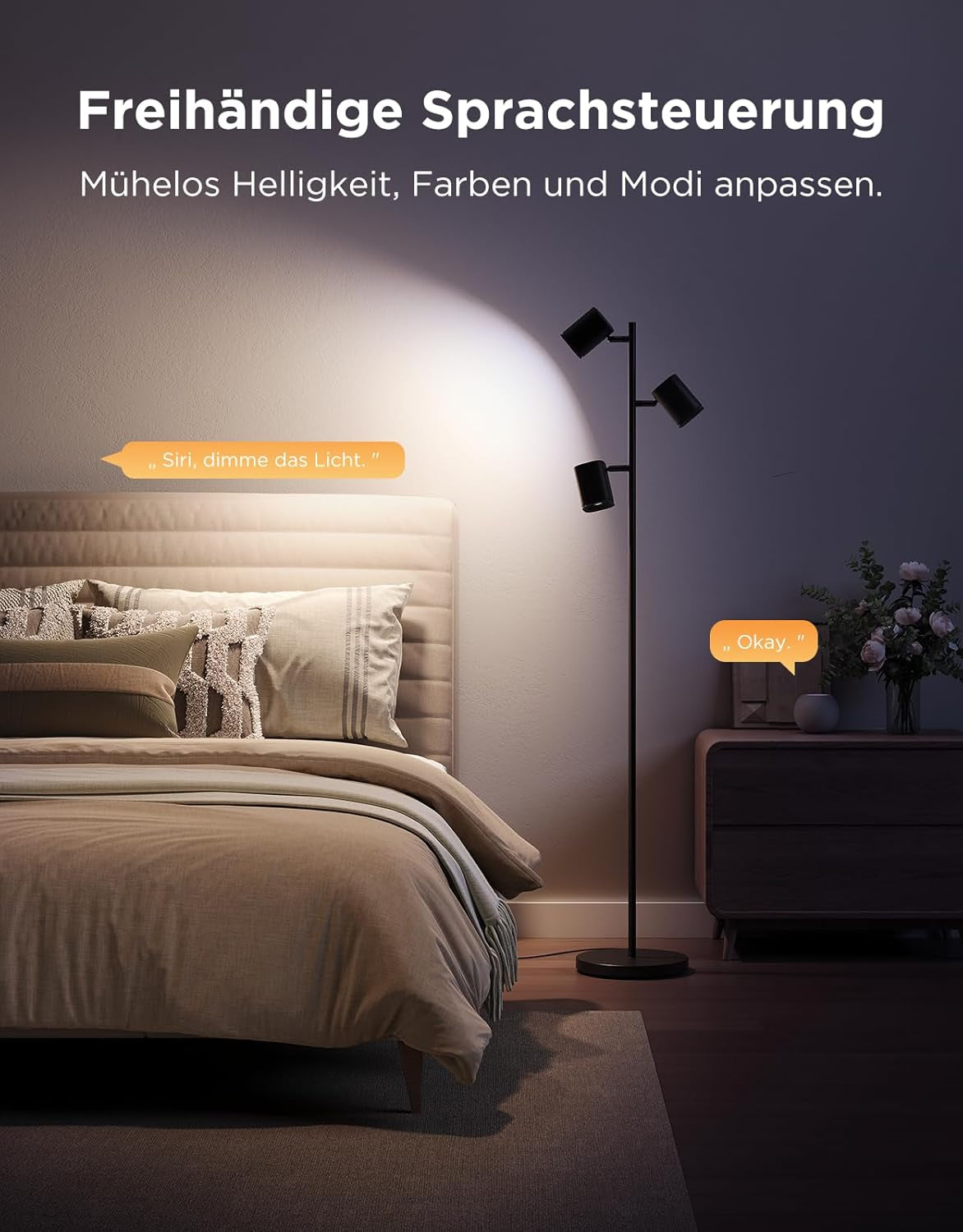 Govee 3-Flammen LED Stehlampe, RGBWW Fokus-Verstellbar Stehleuchte, 1500Lm, Matter Alexa Kompatibel, 64+ Szenen, Musik Sync, 157Cm Stehlampen Schwarz Für Wohnzimmer, Schlafzimmer, Lesezimmer Deko