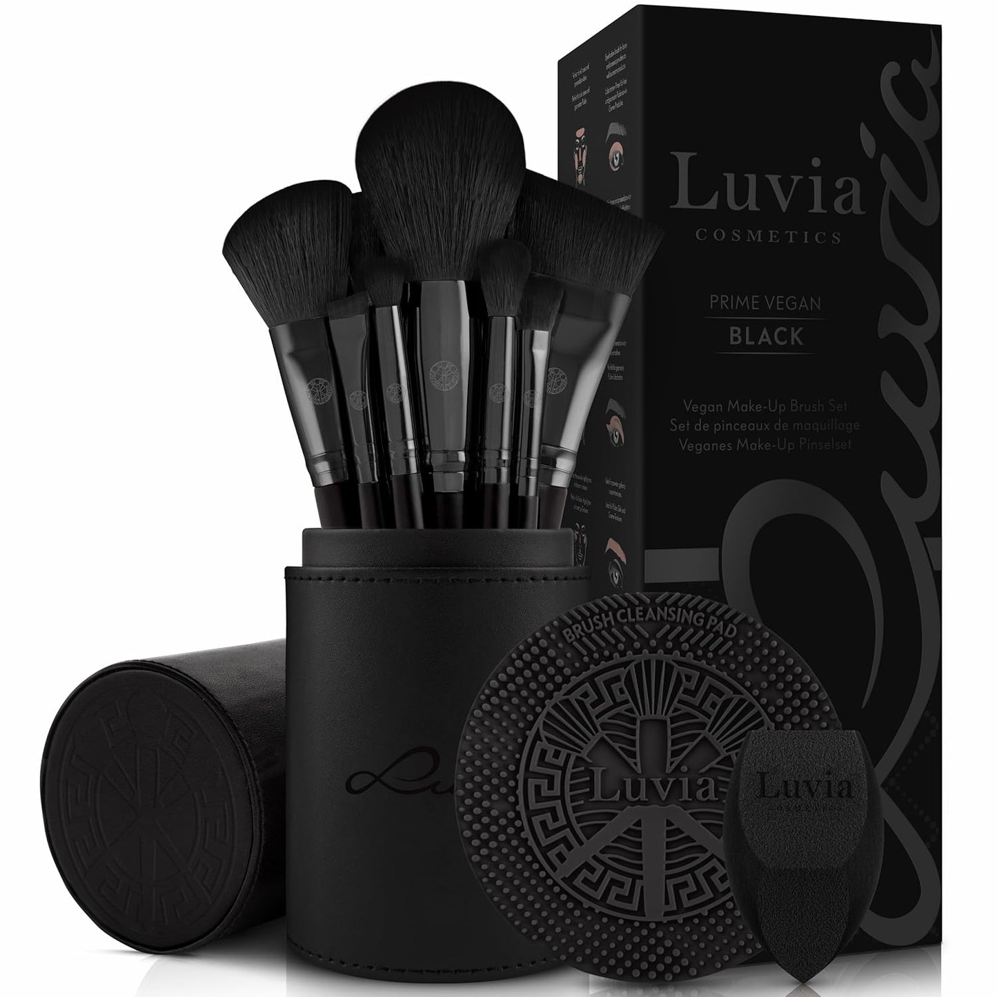 Make-Up Pinselset 15-Teilig Vegan | 12 Profi Schminkpinsel | Inkl. Blender, Reinigungsmatte & Pinselaufbewahrung Aus Veganem Leder | Prime Vegan Black | Schwarz | Luvia