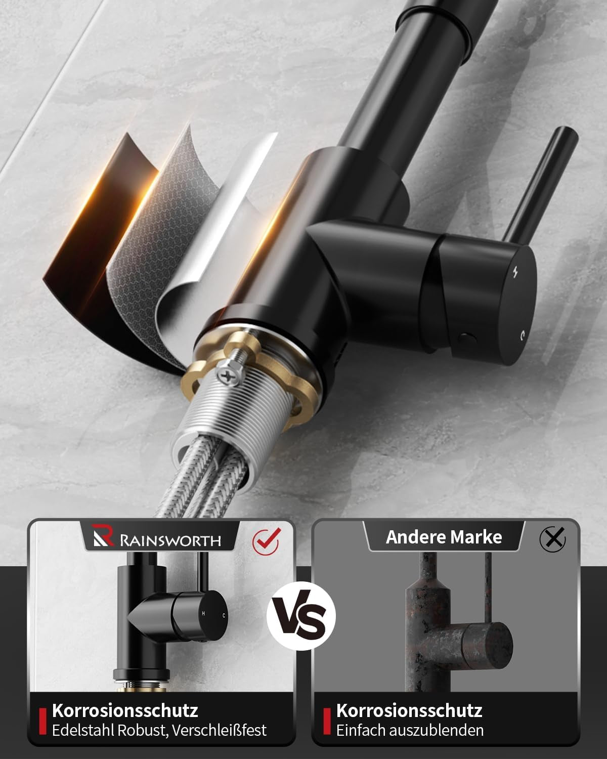 Rainsworth Wasserhahn Küche Schwarz Edelstahl - Zwei Wasserstrahlarten Hochdruck Herausziehbare Küchenarmatur Mit Brause Ausziehbar, Spültischarmatur 360° Drehung Geeignet Für Küchen