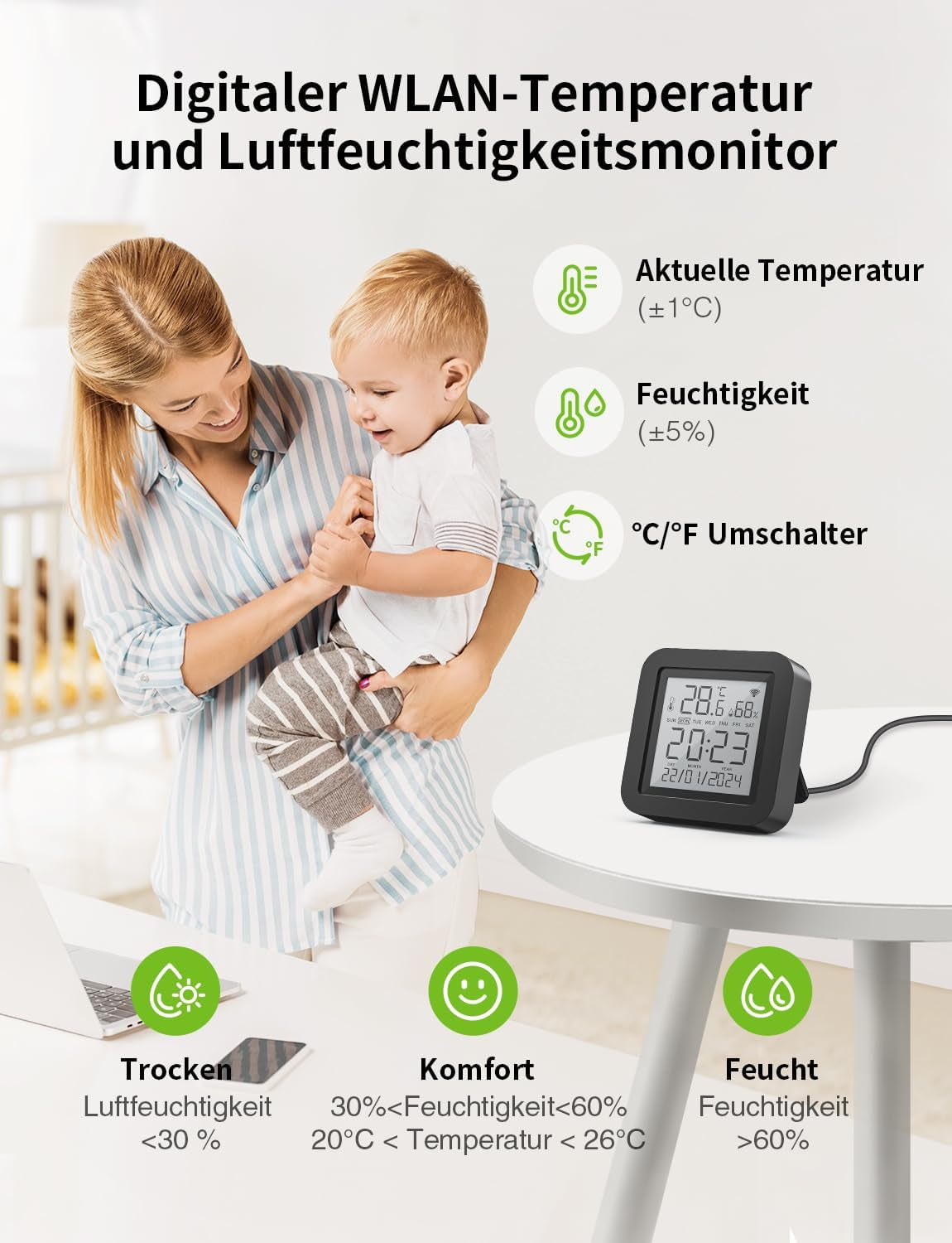 Ghome Smart WLAN Thermometer Hygrometer, Smart Infrarot-Fernbedienung, Digital Temperatur Luftfeuchtigkeitsmesser Mit App-Benachrichtigungsalarm, Kompatibel Mit Alexa Und Google Assistant(1 Pack)