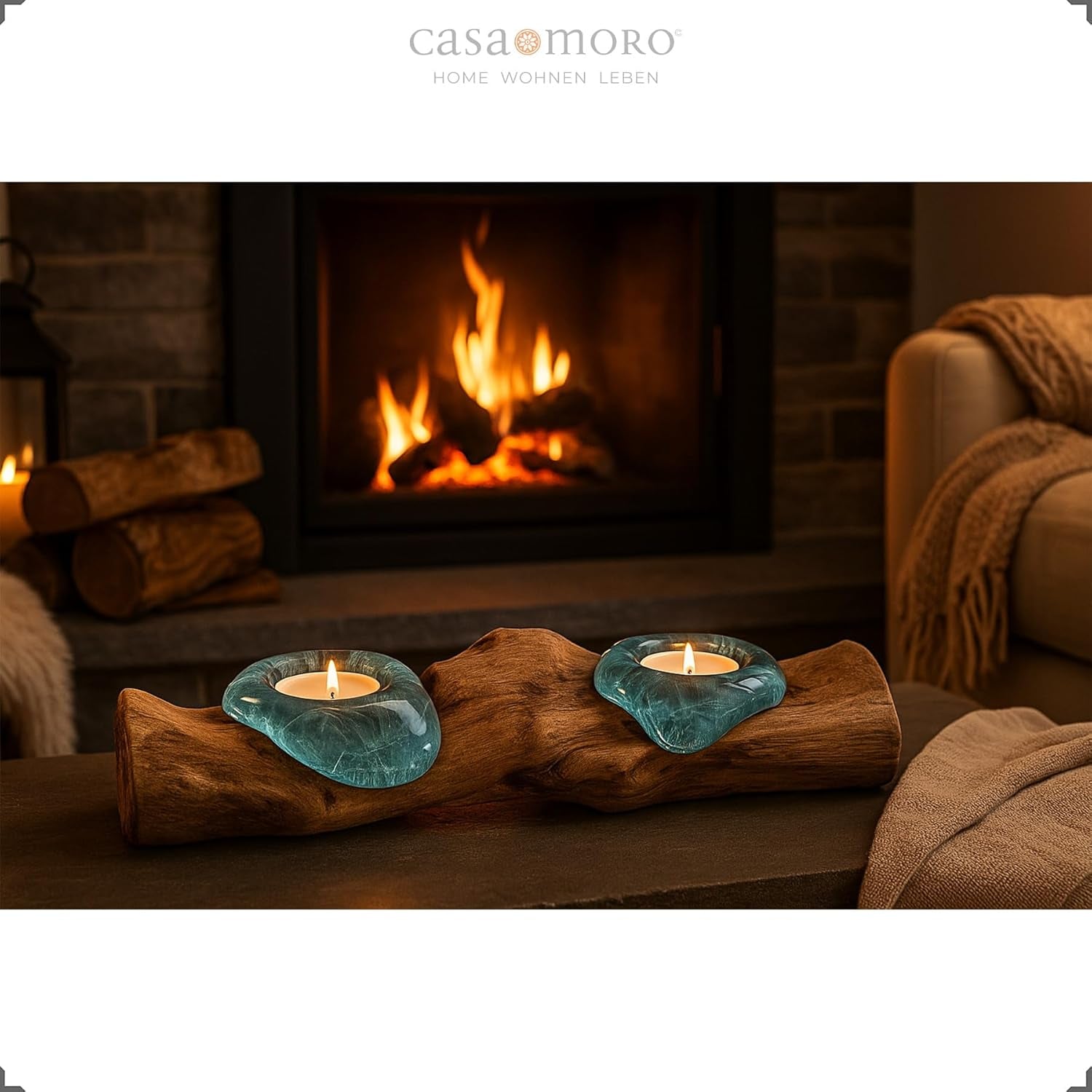 Teelichthalter Glas Und Holz, Tisch Deko Wurzelholz Aus Teakholz Stamm Holzschale - 2Er Für Zwei Teelichter