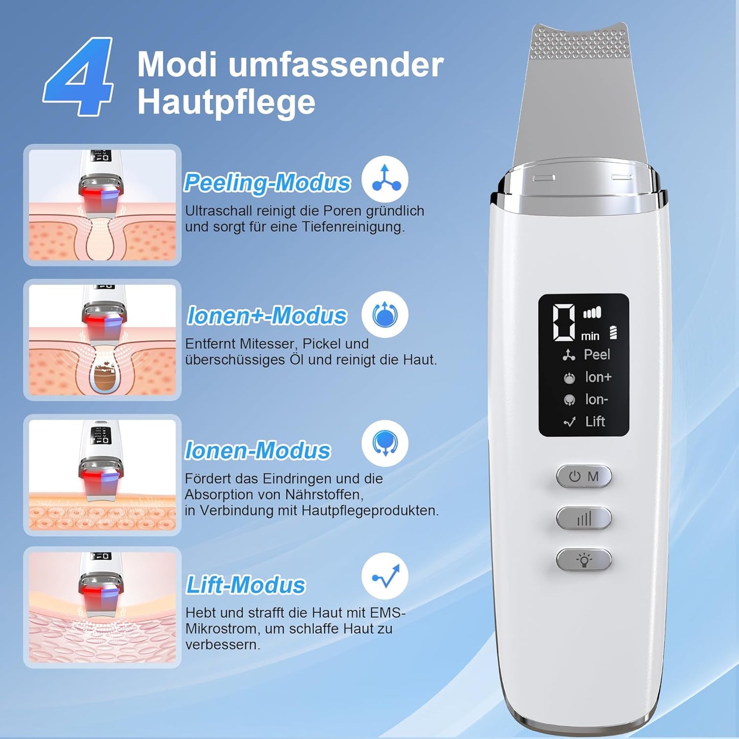 Skin Scrubber Ultraschall, Porenreiniger Gesicht Mit 4 Modi Und Einstellbarer Intensitä, Rotes Blaues Licht, Led-Anzeige Und 5-Minuten-Autoabschaltung Mitesserentferner Gesichtsreinigung Gerät
