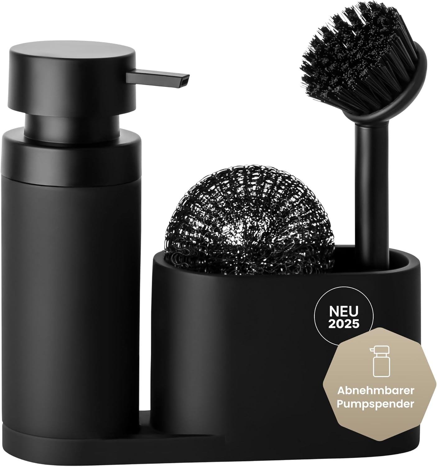 Blackswedenhome. Design Spülbecken Organizer Mit Entnehmbaren Spülmittelspender Spülbürste Und Schwamm - Küchenorganizer - Spüle Organizer Aus Kunststein Sink Spül Set Seifenspender Schwarz Matt