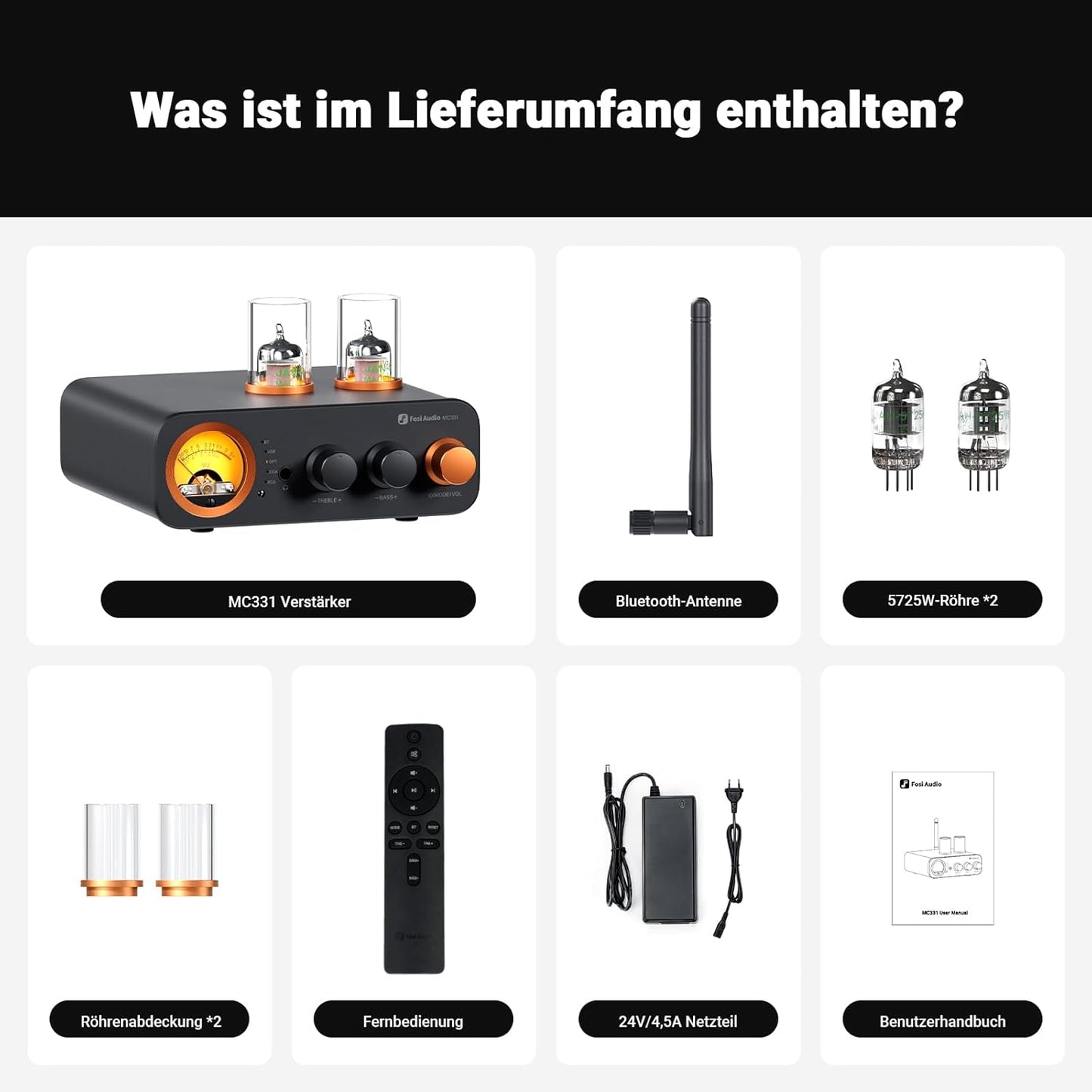 Fosi Audio MC331 Röhrenvollverstärker Mit DAC, 2 Kanal Heim Stereo Audio Verstärker Für Hifi Regallautsprecher/3,5Mm Kopfhörer, Retro Vu-Messer Vorverstärker Mit Bluetooth Und Usb/Opt/Coax/Rca