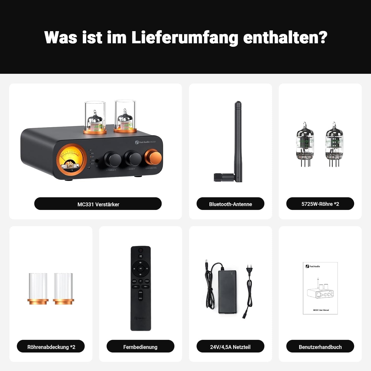 Fosi Audio MC331 Röhrenvollverstärker Mit DAC, 2 Kanal Heim Stereo Audio Verstärker Für Hifi Regallautsprecher/3,5Mm Kopfhörer, Retro Vu-Messer Vorverstärker Mit Bluetooth Und Usb/Opt/Coax/Rca