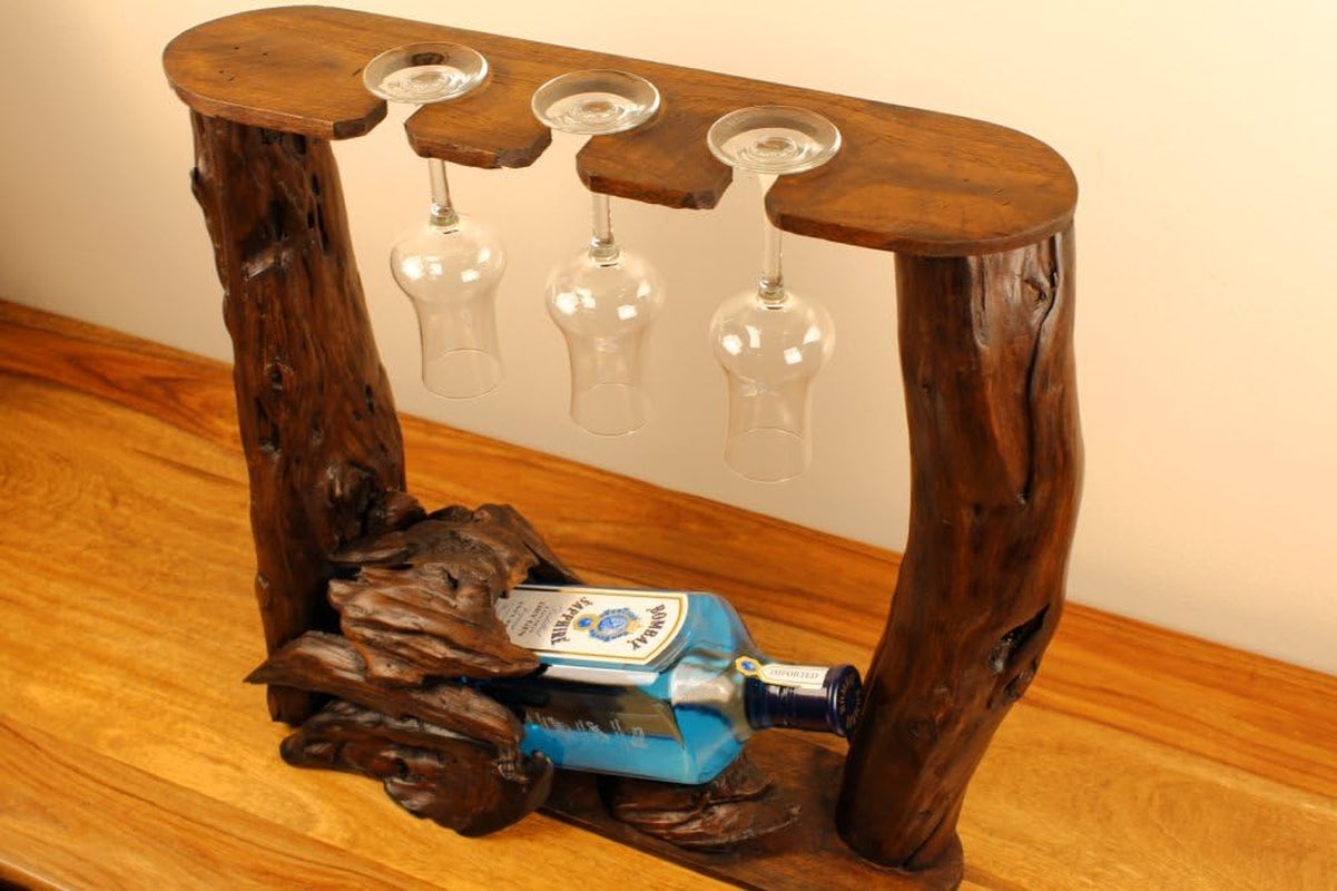 Kinaree Wurzelholz Flaschenhalter - Flaschenständer Für 1 Flasche Und 3 Gläser, Für Wein, Likör Oder Schnäpse - Geschenkidee Für Geburtstag, Weihnachten Oder Hochzeit