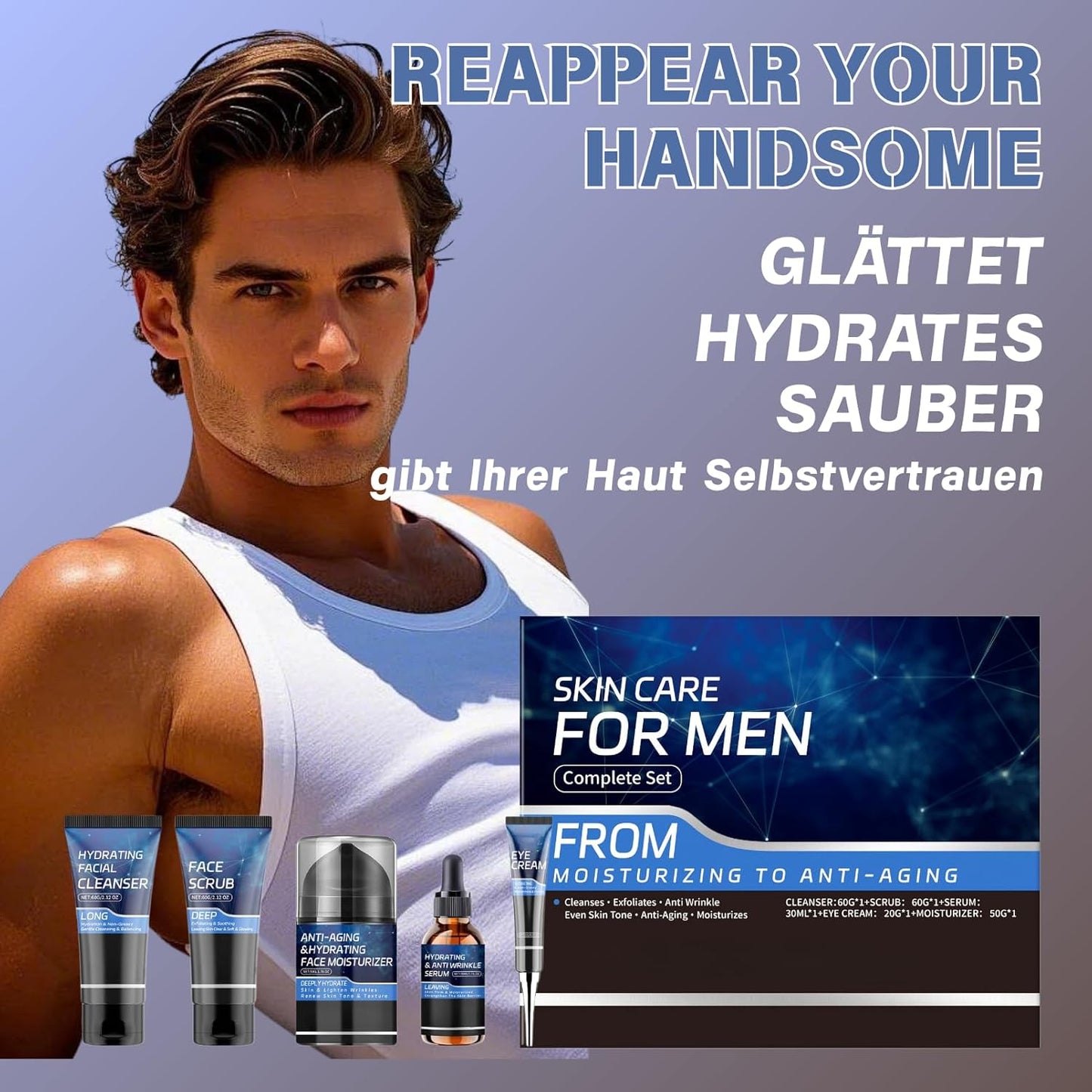 Herren Hautpflege Set, Anti-Aging Gesichtspflege Set Mit Reiniger,Peeling,Serum,Augencreme & Gesichtscreme, Straffende Geschenke Skincare Set Für Männer Weihnachtsgeschenke Herren Pflegeset (5-Teilig)