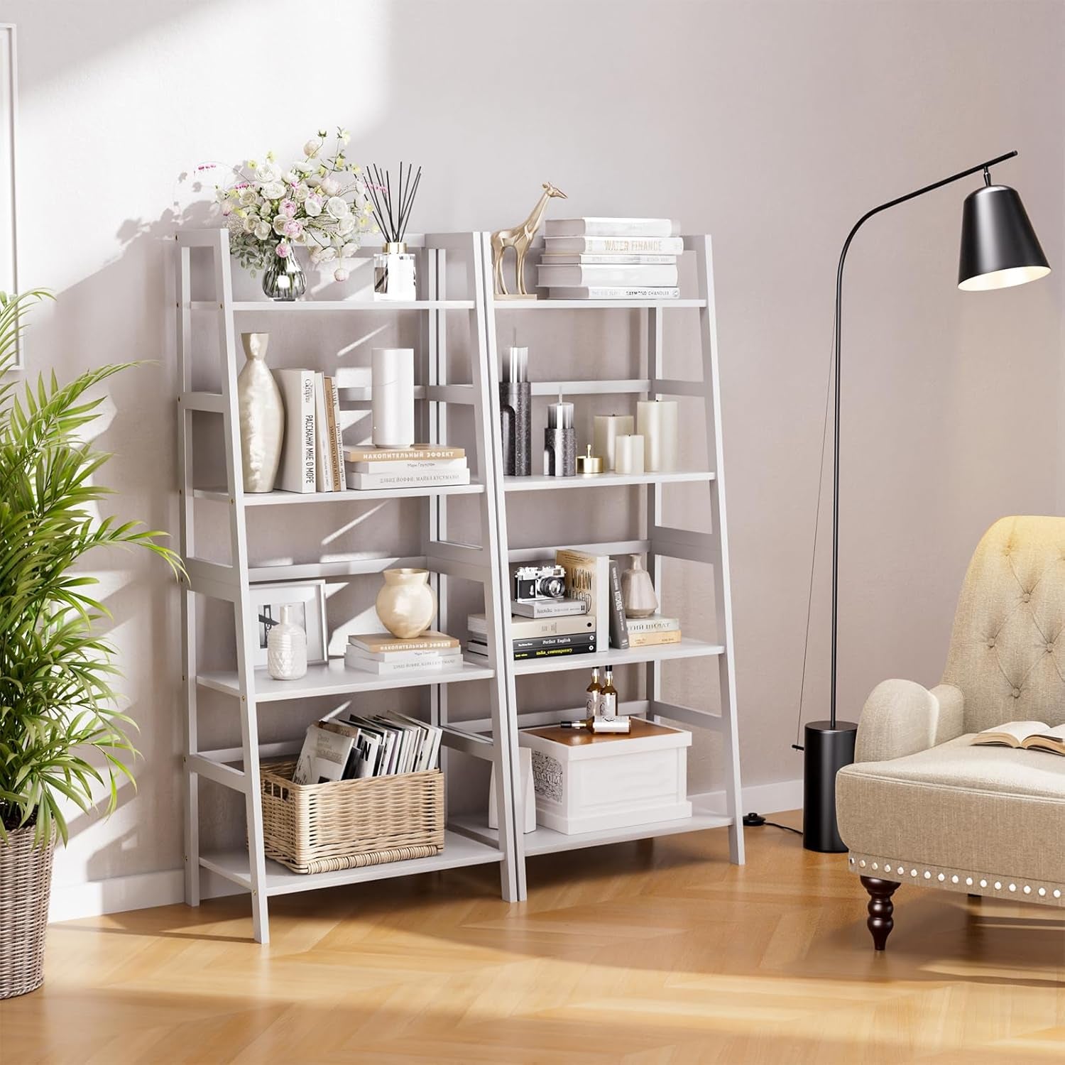 HITNET Leiterregal Weiß, Bücherregal Mit 4 Ebenen, Freistehendes Standregal Offenes Badezimmer Regal Stehend Für Bad Küche Wohnzimmer, Platzsparend