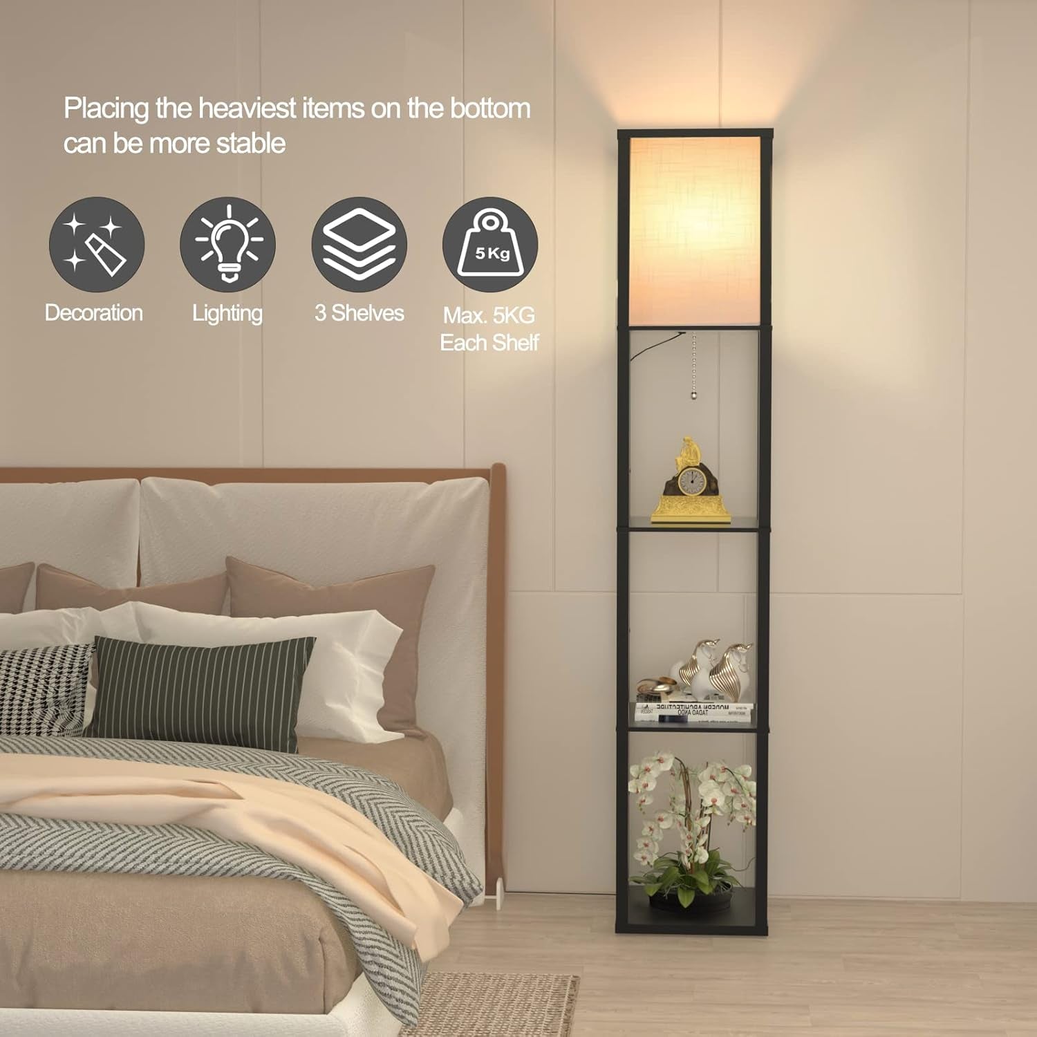 Stehlampe Mit Regal Aus Holz, Stehlampe Wohnzimmer Mit 3 Farbtemperatur, Stehleuchte 1.62M Mit Lampenschirm, Moderne Schwarz Standleuchte Mit 3 Holzregale Für Whonzimmer Schlafzimmer Büro