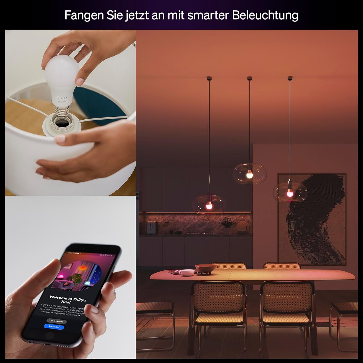 Philips Hue Essential Smart LED A60 Glühbirne,White and Color, E27-Fassung, 8 W, 2200 K–6500 K, 806 Lm, Dimmbar, Kompatibel Mit Alexa, Google Assistant Und Apple Home, 4Er-Pack