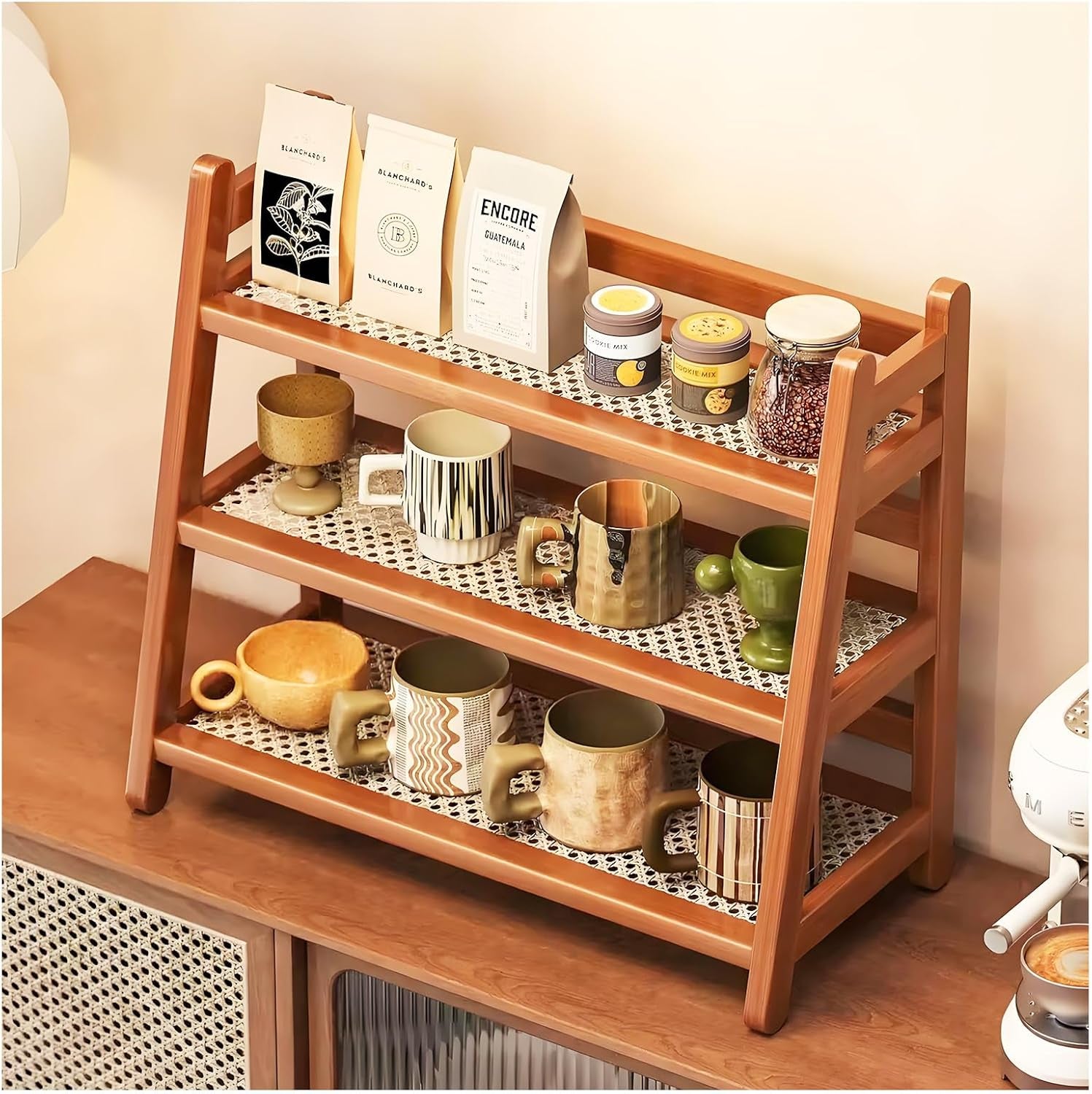 Küchen Organizer 3 Tiers Bambus Nachahmung Rattanweberei Deko Küche,Gewürzregal Stehend Küche Aufbewahrung & Organisation Kaffeepads Aufbewahrung, Tee, Tassenhalter (Braun 40 * 18 * 39)
