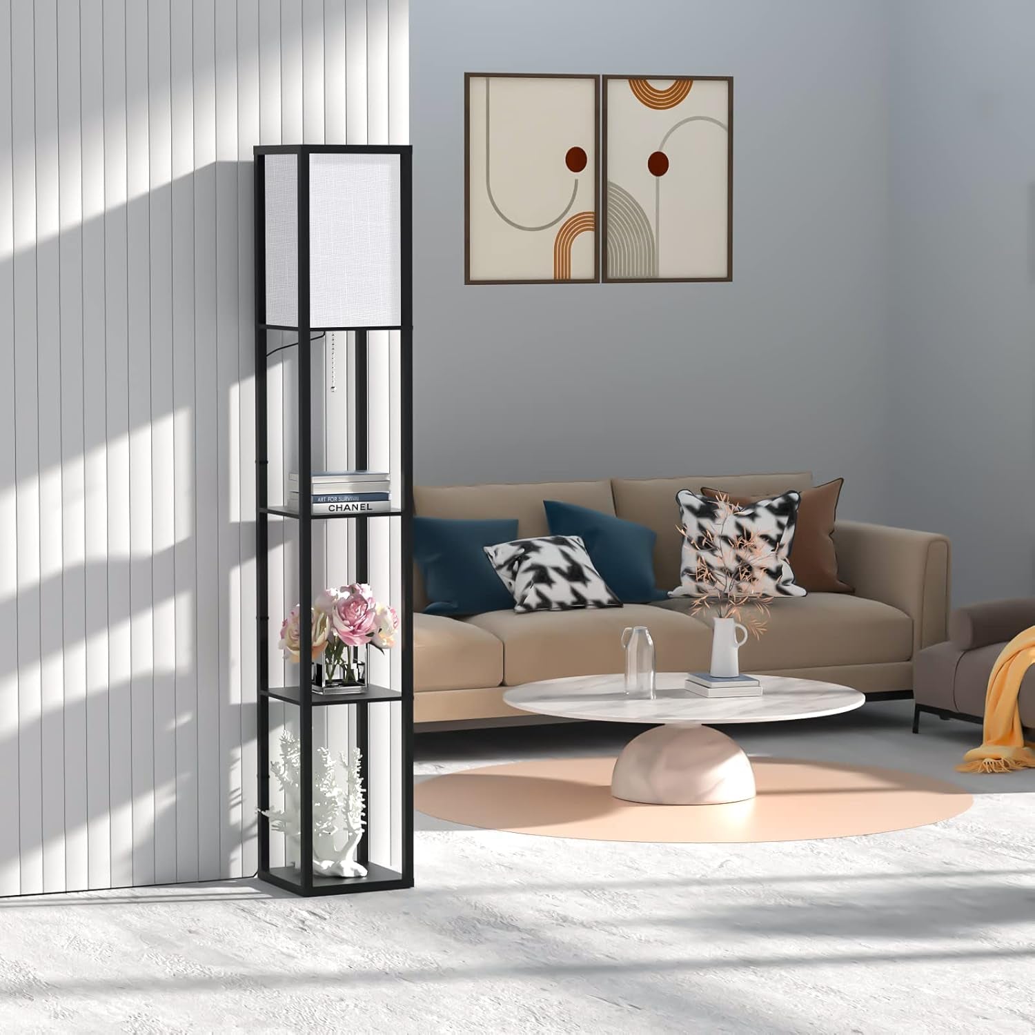 Stehlampe Mit Regal Aus Holz, Stehlampe Wohnzimmer Mit 3 Farbtemperatur, Stehleuchte 1.62M Mit Lampenschirm, Moderne Schwarz Standleuchte Mit 3 Holzregale Für Whonzimmer Schlafzimmer Büro