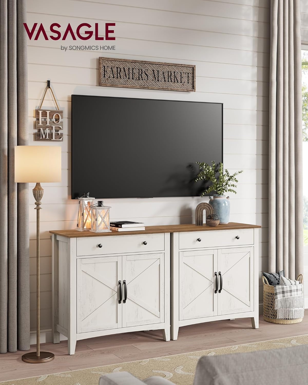 VASAGLE Küchenschrank, Sideboard Mit Schubladen, Aufbewahrungsschrank Mit Türen, Verstellbare Ablage, Landhausstil, Für Wohnzimmer Küche, 40 X 80 X 80 Cm, Vintageweiß-Honigbraun BBK341W01