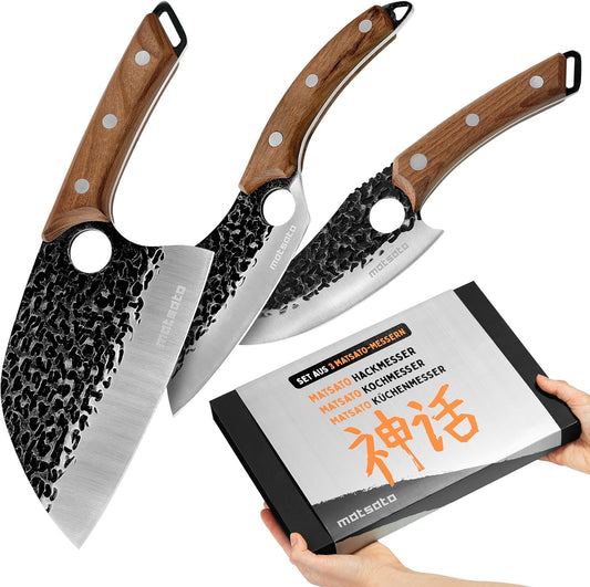 Matsato Messerset 3-Teilig | Scharfes Küchenmesser Set, Vielseitige Messer Für Fleisch, Fisch & Gemüse, Ergonomischer Griff, Ideal Für BBQ
