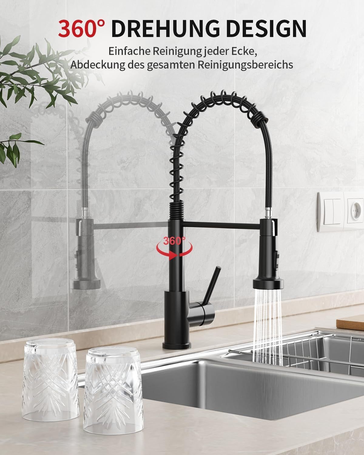 Rainsworth Wasserhahn Küche Schwarz Edelstahl - Zwei Wasserstrahlarten Hochdruck Herausziehbare Küchenarmatur Mit Brause Ausziehbar, Spültischarmatur 360° Drehung Geeignet Für Küchen