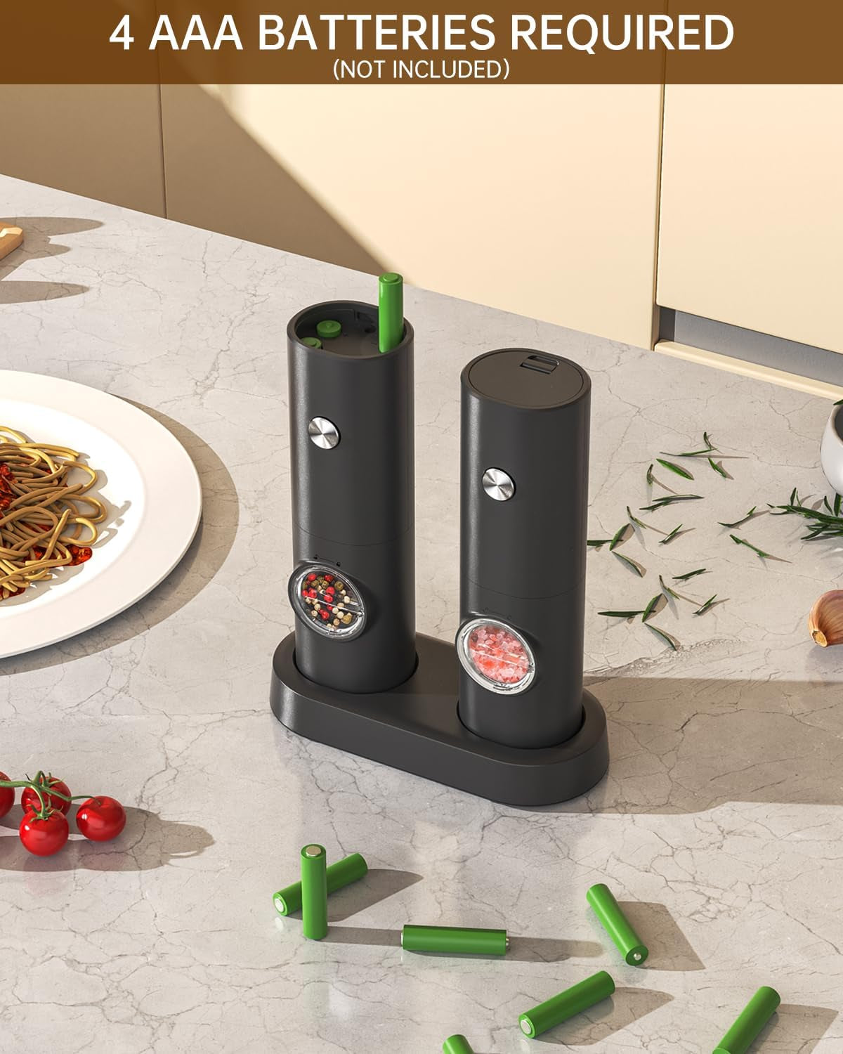 CIRCLE JOY Salz Und Pfeffermühlen Elektrische 2Er Set Batteriebetriebenen Gewürzmühle Mit Basis, Weißem Led-Licht Und Einstellbarer Grobheit, Schwarz