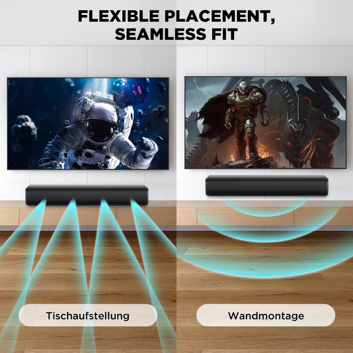 Soundbar for TV, 56W Speakers with Bluetooth 5.3/Arc/Optical/Aux Inputs – Wall Mountable Home Theater Surround Sound System Small Sound Bar for Pc/Gaming/Projectors with 3 EQ Modes (Black) 1Pcs