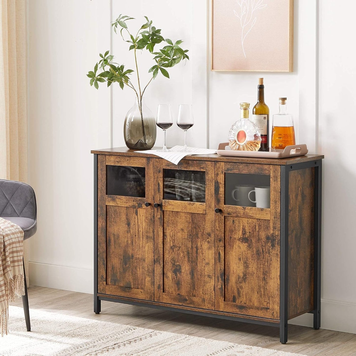 VASAGLE Sideboard, Küchenschrank, Aufbewahrungsschrank, Mit Glastüren, Für Wohnzimmer, Küche, Esszimmer, Stahlrahmen, Industriestil, Vintagebraun-Tintenschwarz LSC099B01