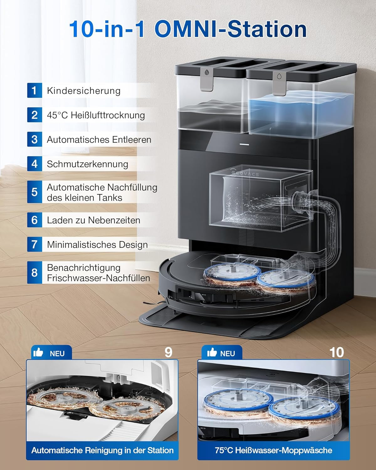 ECOVACS DEEBOT T50 OMNI Gen2 Saugroboter Mit Wischfunktion, 21.000 Pa, Ausziehbare Seitenbürste Und Mopp, Zerotangle 2.0, Moppwäsche Mit 75°C Heißem Wasser, All-In-One Station, Ultradünn 81 Mm,Schwarz