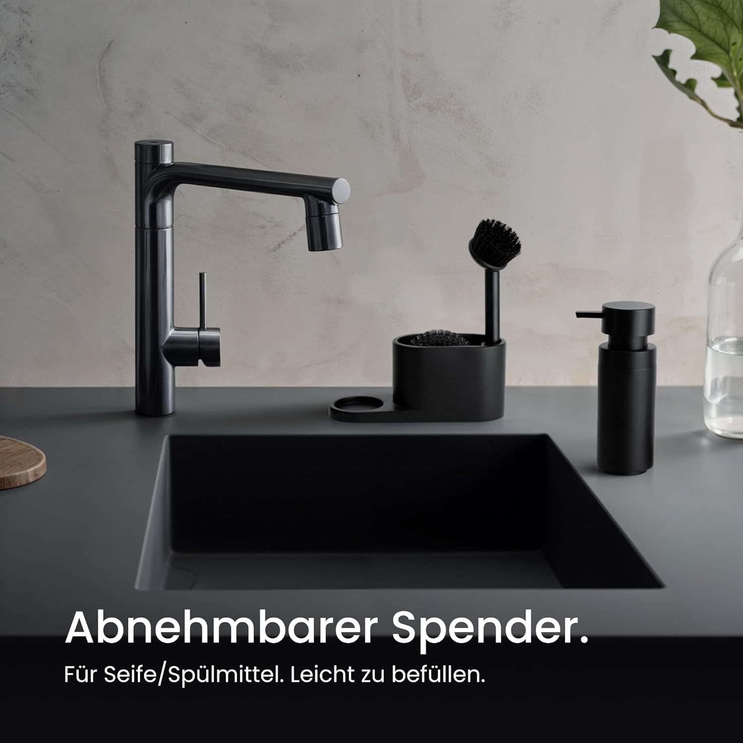Blackswedenhome. Design Spülbecken Organizer Mit Entnehmbaren Spülmittelspender Spülbürste Und Schwamm - Küchenorganizer - Spüle Organizer Aus Kunststein Sink Spül Set Seifenspender Schwarz Matt