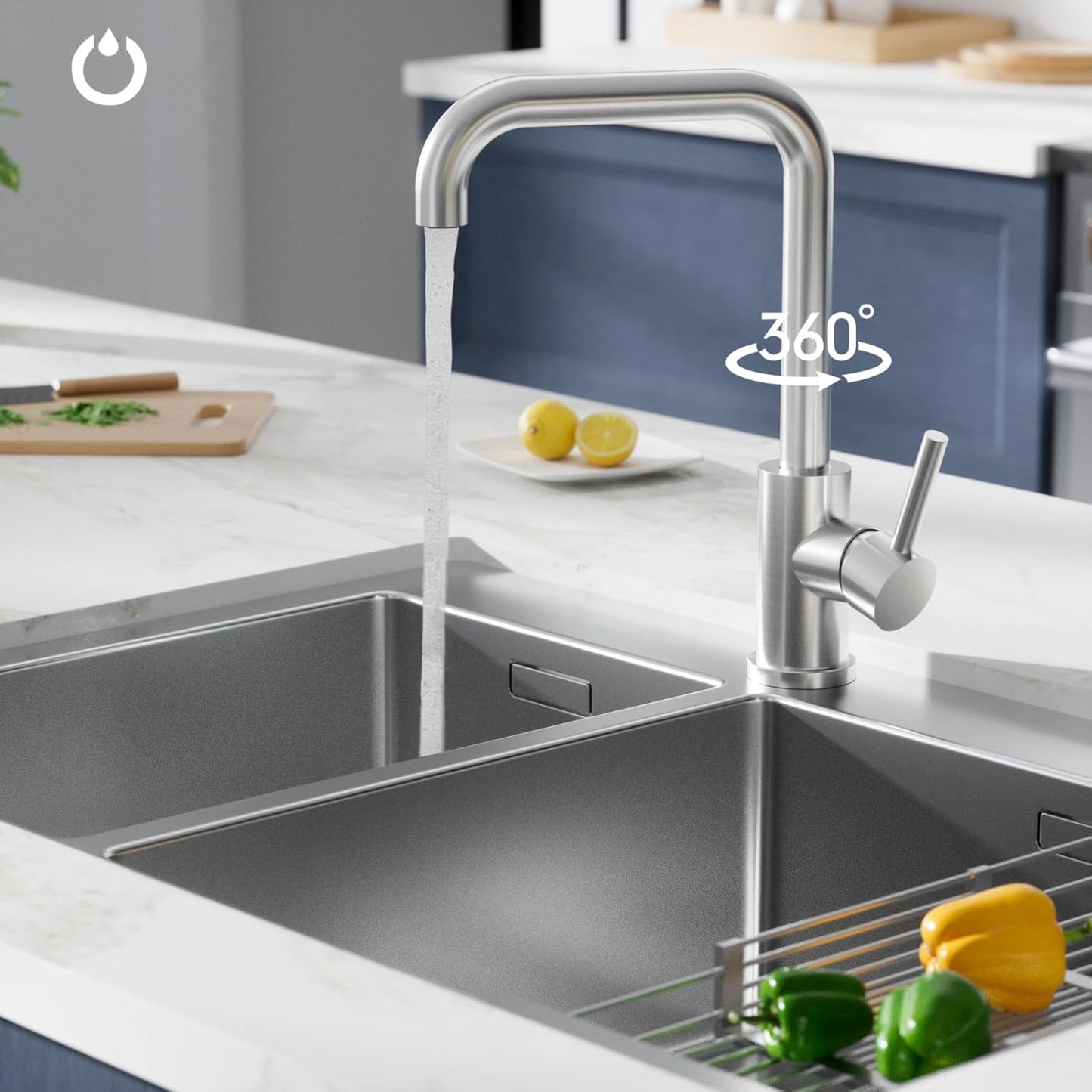 FORIOUS Wasserhahn Küche, Küchenarmatur Mit 360°Drehbar, L Förmige Mischbatterie Küche Spülenarmatur Mit Einhebel Für 1 Loch, Geeignet Für Den Einsatz in Familienküchen, Wohnmobilen, Edelstahl