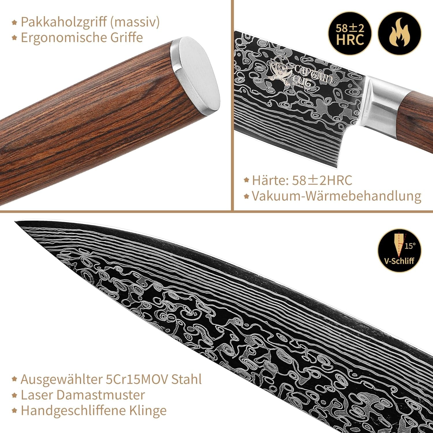 5-Teiliges Edelstahl Küchenmesser Set Mit Damast Optik Inklusive Magnetischem Messerblock I 5 Küchenmesser Mit Pakkaholzgriff Im Set I Messerset Mit Block Aus Akazienholz