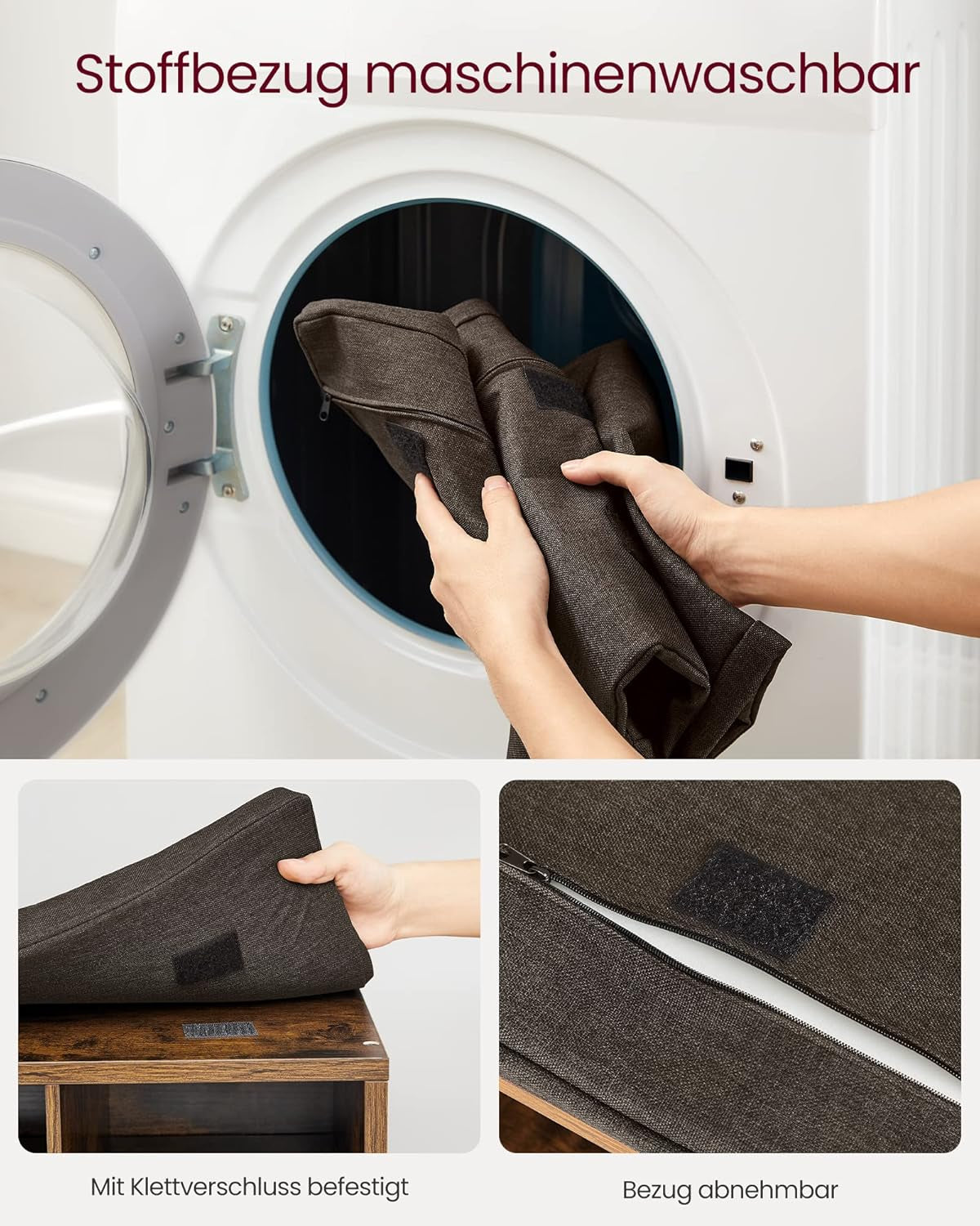 VASAGLE Schuhbank, Schuhregal Mit Sitzfläche, Sitzbank Mit Stauraum, Kissen, 15 Fächer, Für Wohnzimmer, Flur, 30 X 105 X 48 Cm, Vintagebraun-Kastanienbraun LHS15BX