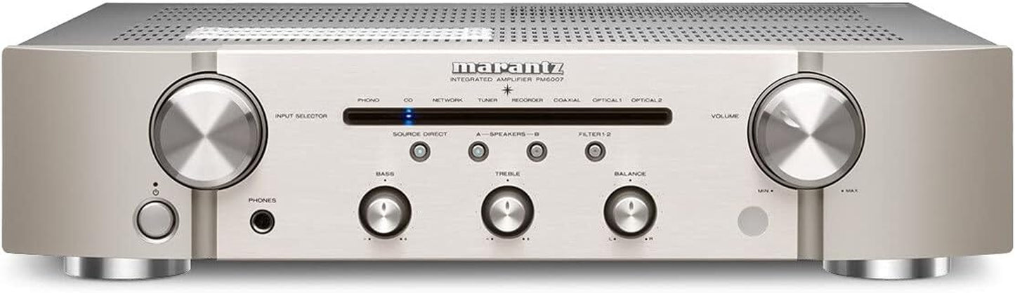 Marantz PM6007 Hifi Verstärker, Stereo Verstärker, 2X60W, Optischer Eingang, Phono Eingang, Subwoofer Ausgang, Silber-Gold