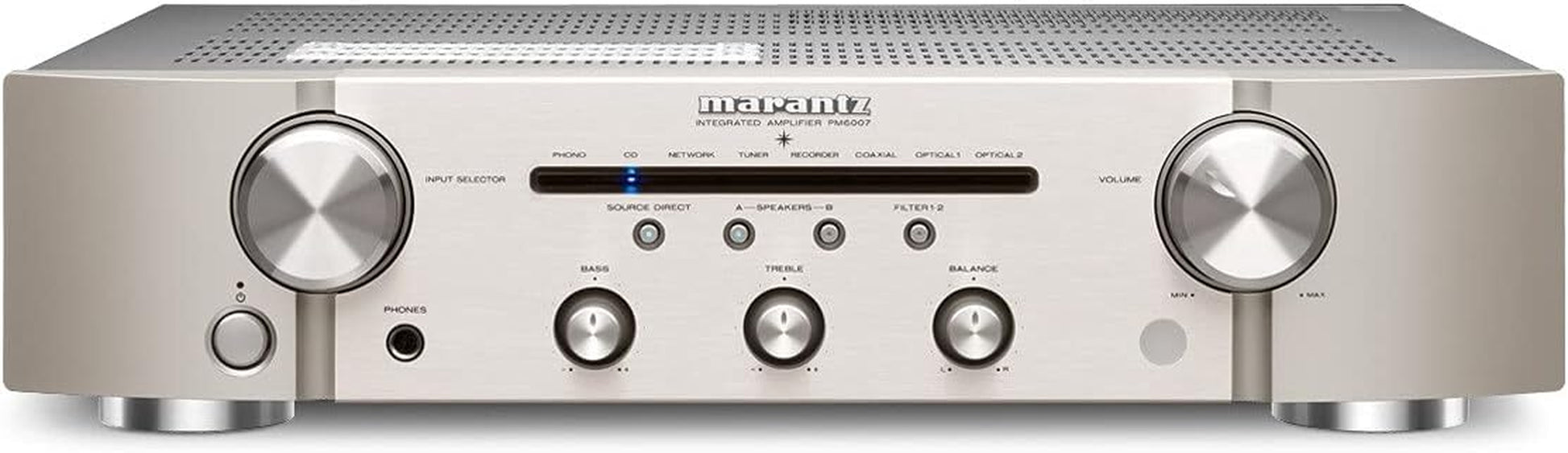Marantz PM6007 Hifi Verstärker, Stereo Verstärker, 2X60W, Optischer Eingang, Phono Eingang, Subwoofer Ausgang, Silber-Gold