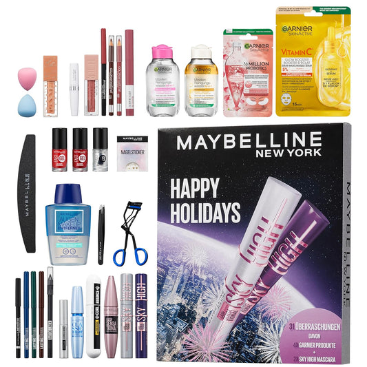 Maybelline New York Adventskalender 2025, Mit 31 Türchen Für Den Gesamten Dezember, 26 Originalprodukten & 5 Goodies, Inkl. 2 Sky High Mascara + 4 Garnier Skincare Produkten