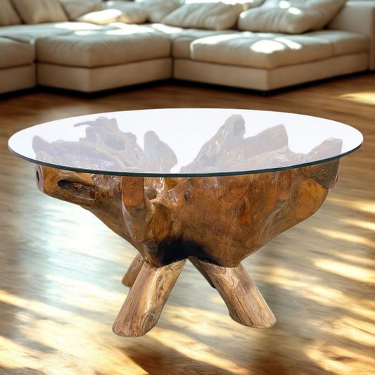 Teak Couchtisch ZONAS 80Cm Natural Massivholz Wohnzimmertisch Mit Glasplatte Wurzelholz