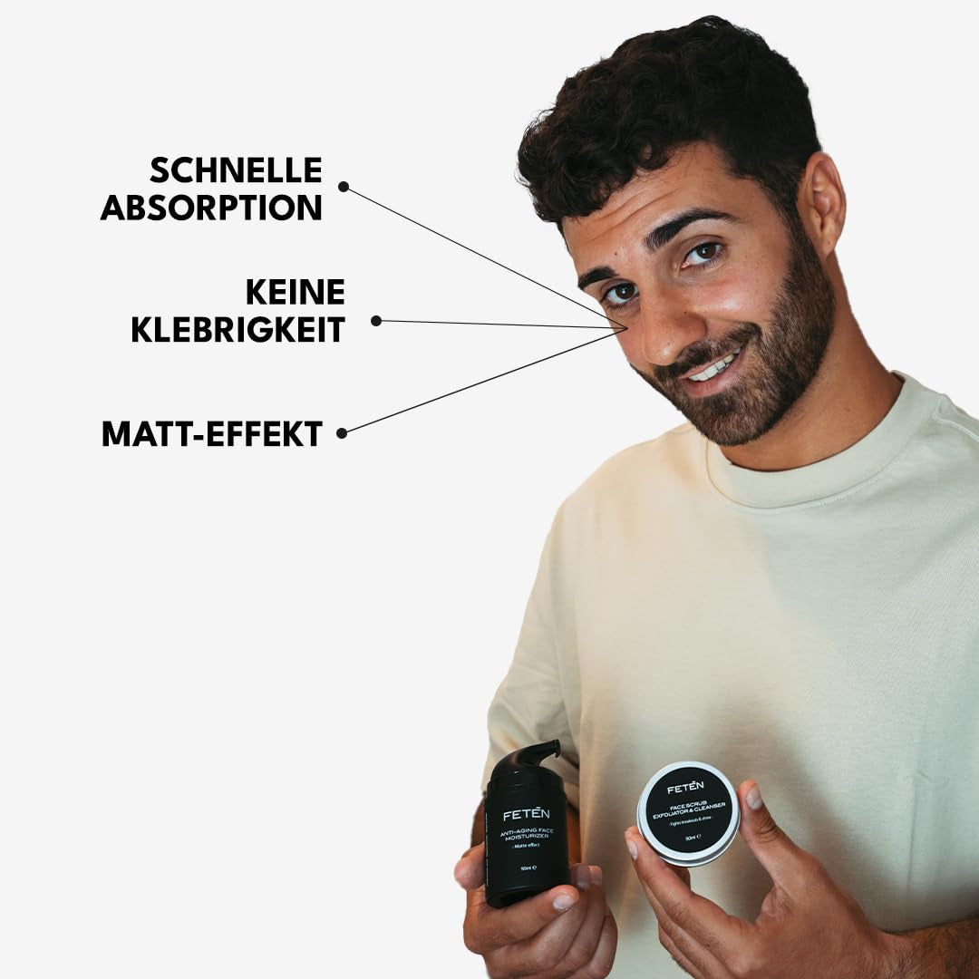 FETEN Anti-Unvollkommenheitsset Für Herren, Gesichtspeeling + Feuchtigkeitscreme, Anti-Falten-Matteffekt, Gesichtsbehandlung Für Männer, Geschenkset