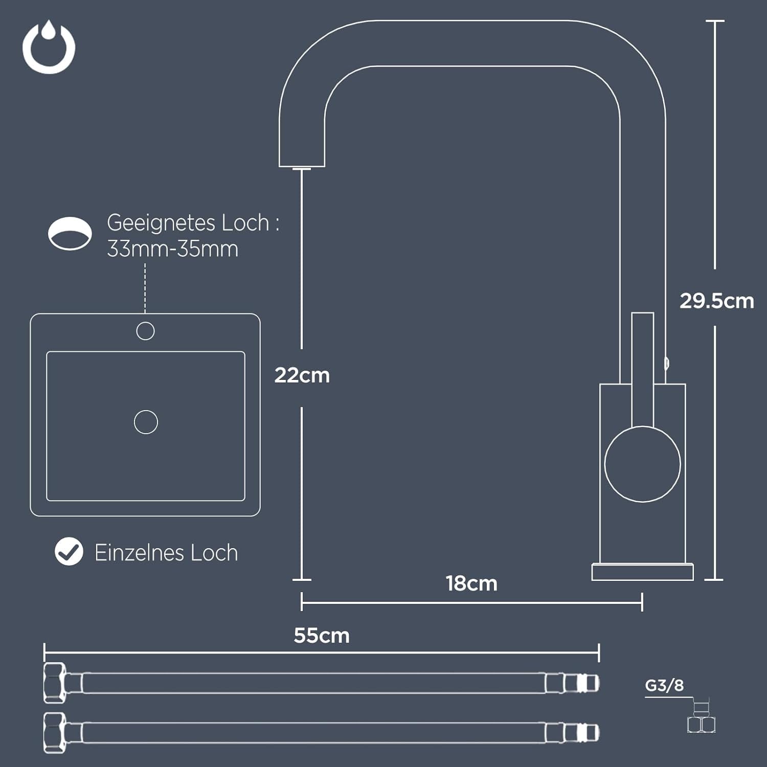 FORIOUS Wasserhahn Küche, Küchenarmatur Mit 360°Drehbar, L Förmige Mischbatterie Küche Spülenarmatur Mit Einhebel Für 1 Loch, Geeignet Für Den Einsatz in Familienküchen, Wohnmobilen, Edelstahl