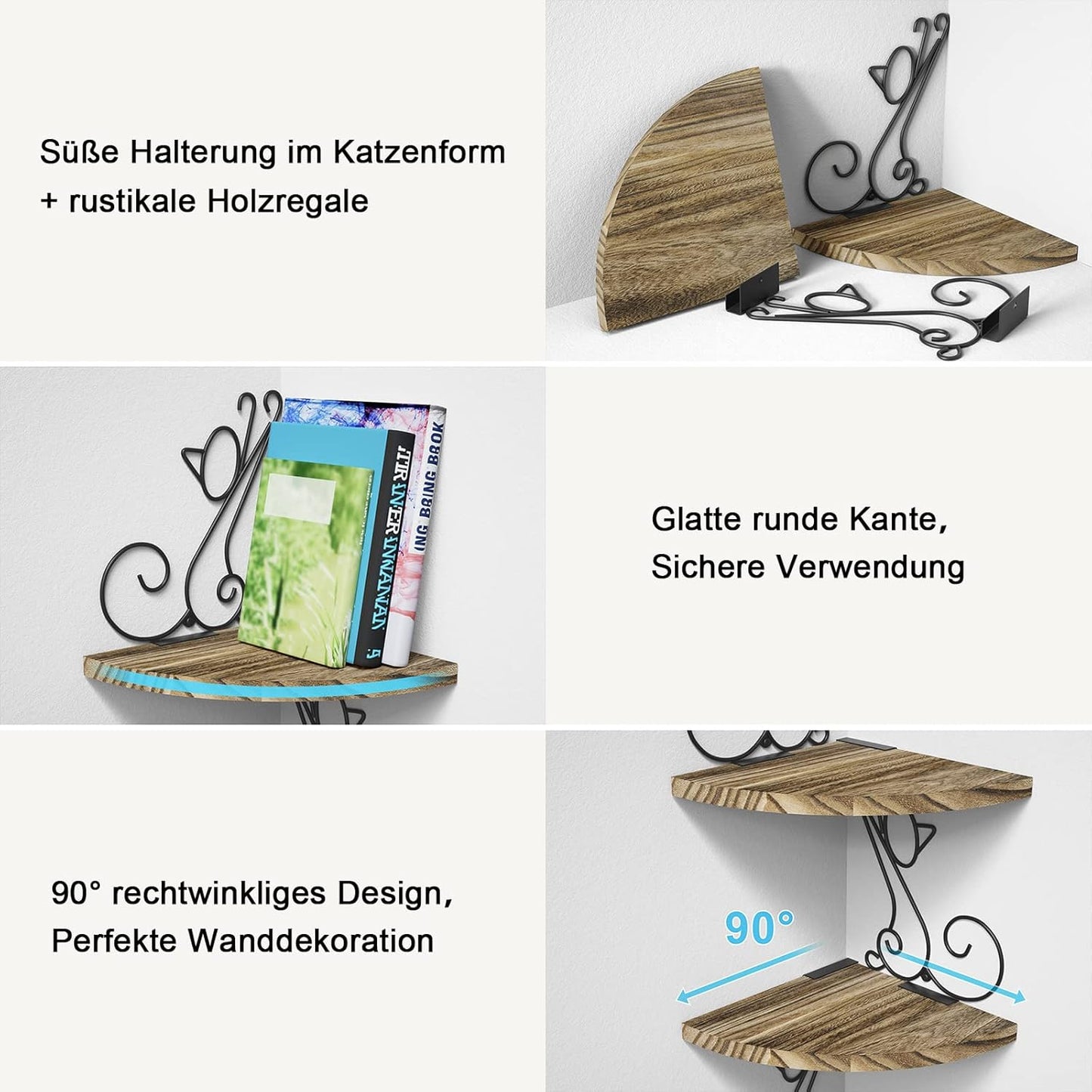 Alsonerbay Eckregal, Wandregal Vintage Aus Massivholz, Katzenform, Schweberegal Dekor Für Wohnzimmer Schlafzimmer Küche Büro, 4 Regalböden, Braun