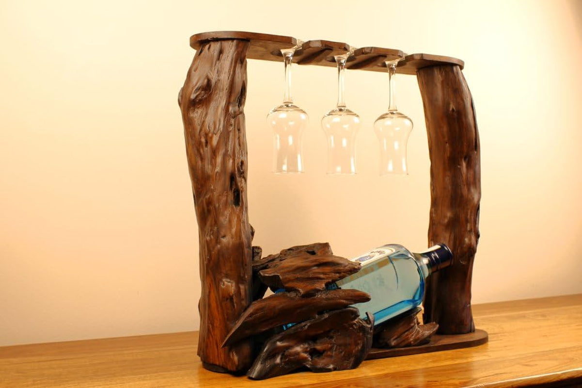 Kinaree Wurzelholz Flaschenhalter - Flaschenständer Für 1 Flasche Und 3 Gläser, Für Wein, Likör Oder Schnäpse - Geschenkidee Für Geburtstag, Weihnachten Oder Hochzeit