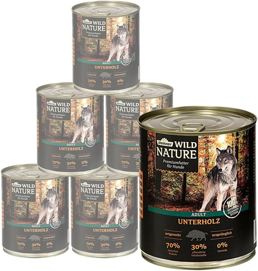 Dehner Wild Nature Hundefutter Unterholz, Nassfutter Getreidefrei / Zuckerfrei, Für Ausgewachsene Hunde, Wildschwein, 6 X 800 G Dose (4.8 Kg)