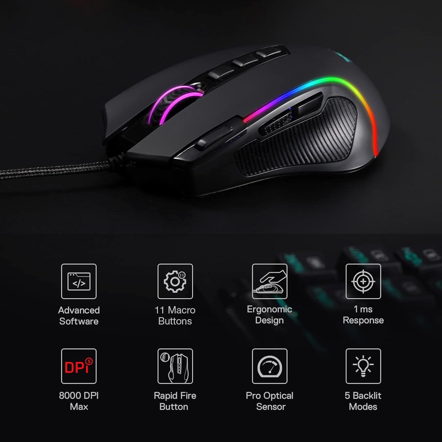 Redragon M612 Predator RGB Gaming Maus, 8000 DPI Kabelgebundene Optische Maus Mit 11 Programmierbaren Tasten & 5 Hintergrundbeleuchtungsmodi, Software Unterstützt DIY Keybinds Rapid