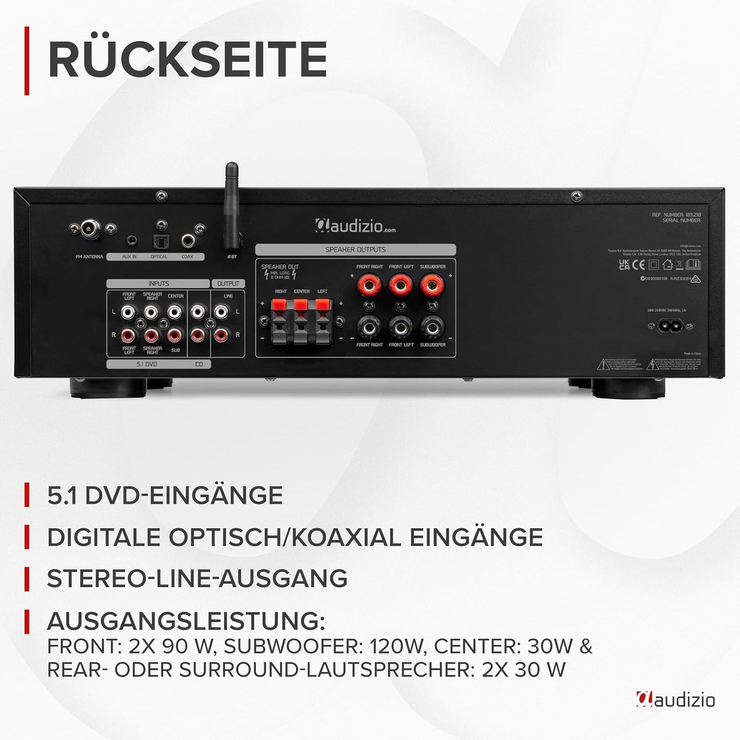 AV560EQ - 5.1 Hifi Verstärker Mit Bluetooth, 390 Watt AV Receiver & Stereoanlage Für Heimkino, TV & Musik - Verstärker Hifi Stereo Mit Subwoofer-Out, USB, Fm-Radio, 2X Mikrofon, Equalizer