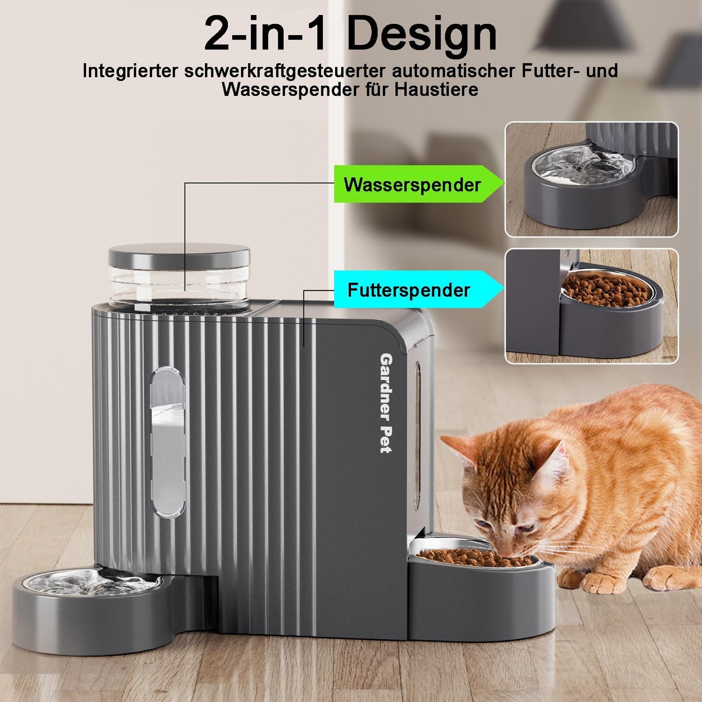 Gardner Pet Automatischer Futterspender Für Katzen/Hunde 2 Näpfe(3L*2), Futterautomat Katze Und Wasserspender Hund Mit Edelstahlschüssel, Ohne Strom, BPA Frei, Gravitation Katzenfutter Automat (Grau)