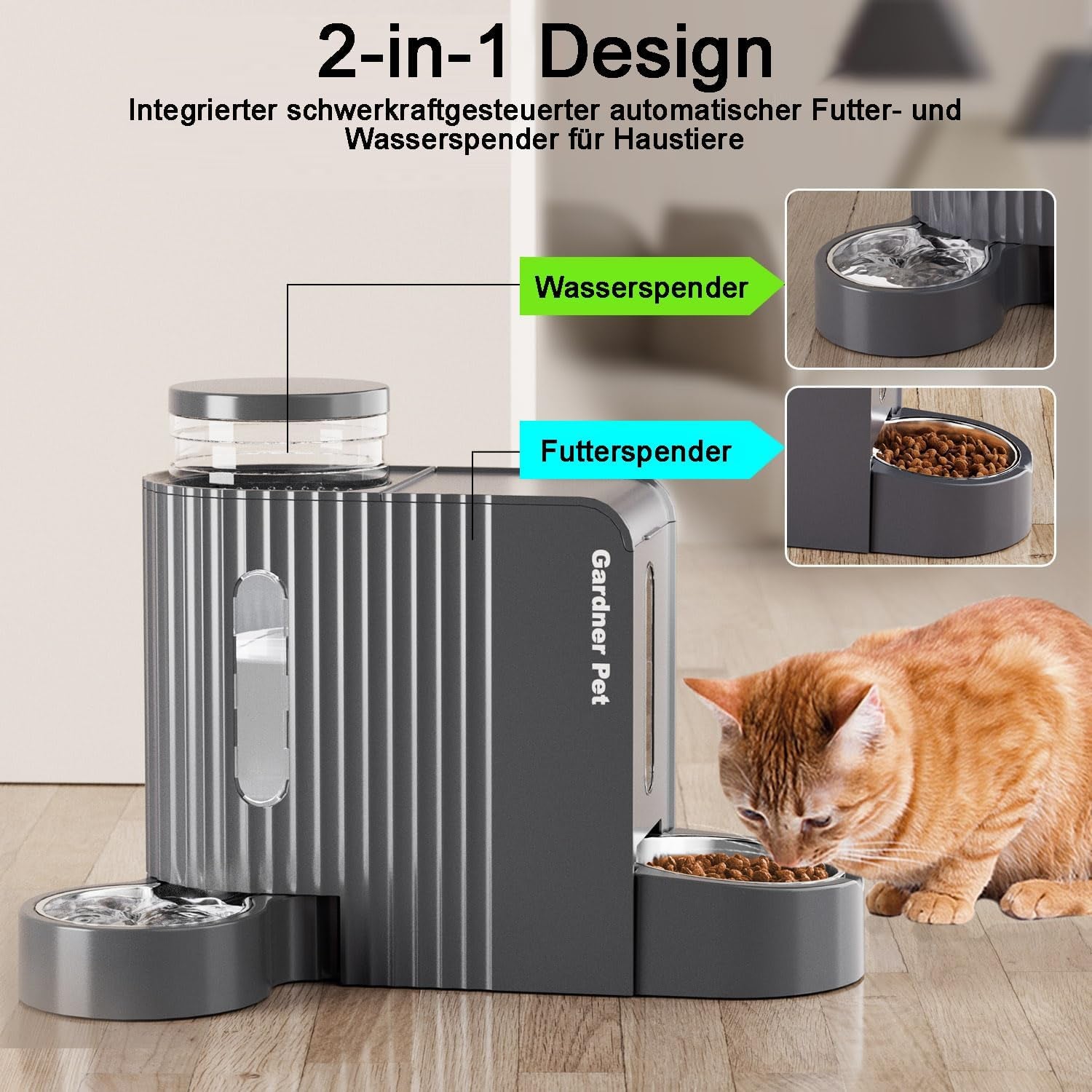 Gardner Pet Automatischer Futterspender Für Katzen/Hunde 2 Näpfe(3L*2), Futterautomat Katze Und Wasserspender Hund Mit Edelstahlschüssel, Ohne Strom, BPA Frei, Gravitation Katzenfutter Automat (Grau)