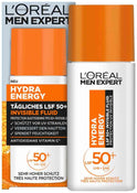 L'Oréal Men Expert UV Sonnenschutz LSF 50 Für Männer, Invisible Fluid Für Das Gesicht Gegen Sonnenstrahlen, Herren Sonnencreme SPF 50+ Gegen Hautalterung Mit Vitamin C, Hydra Energy, 1 X 50 Ml