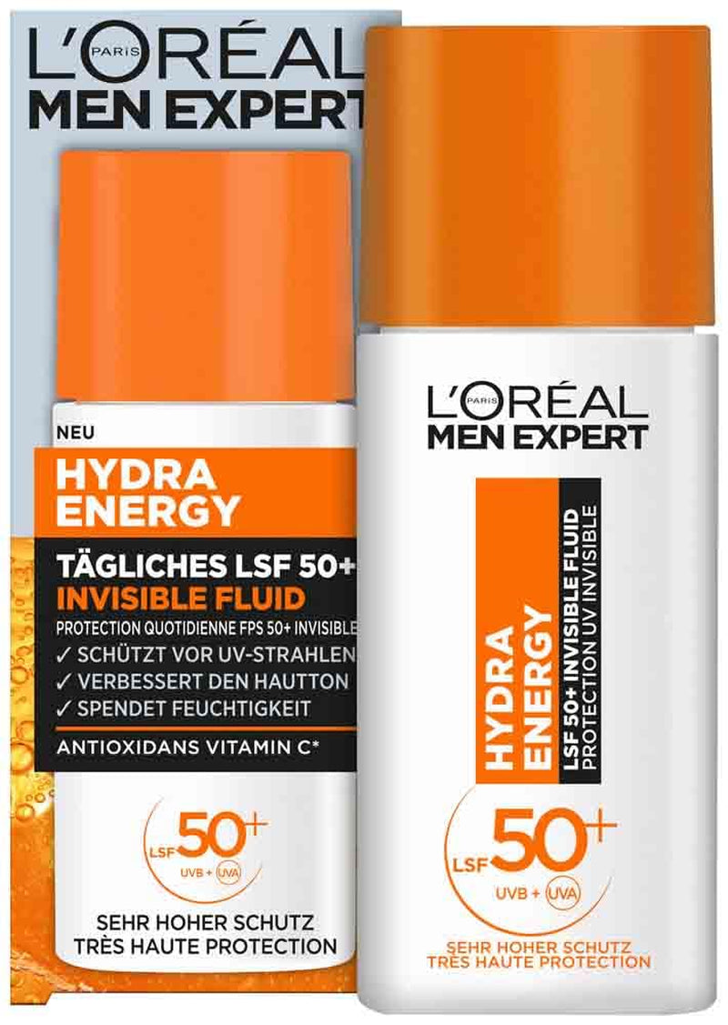 L'Oréal Men Expert UV Sonnenschutz LSF 50 Für Männer, Invisible Fluid Für Das Gesicht Gegen Sonnenstrahlen, Herren Sonnencreme SPF 50+ Gegen Hautalterung Mit Vitamin C, Hydra Energy, 1 X 50 Ml
