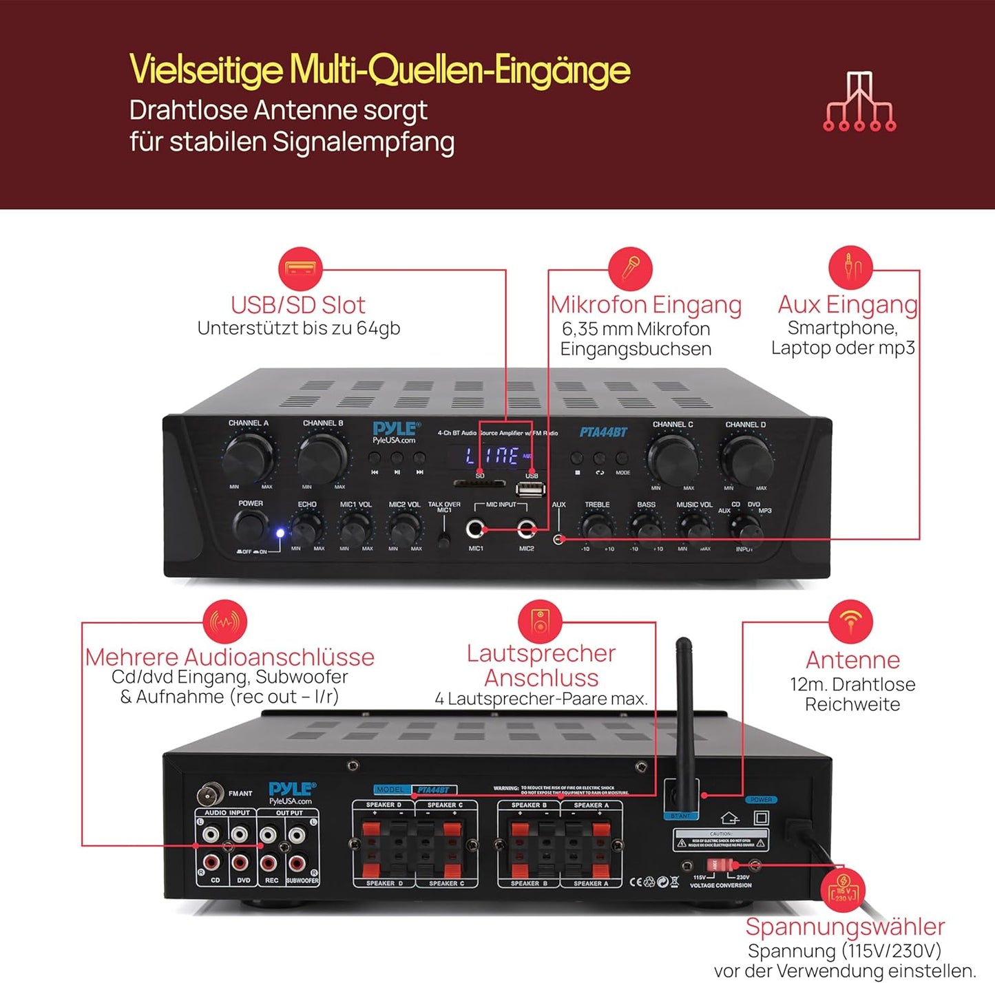 Pyle Bluetooth Stereo Verstärker 500 W – 4-Kanal Mini Receiver Mit USB, AUX, Fm-Radio, Subwoofer RCA & Mikrofoneingang Mit Echo Kabelloses Streaming, Für Heimkino, Studio & Pa-Anlage