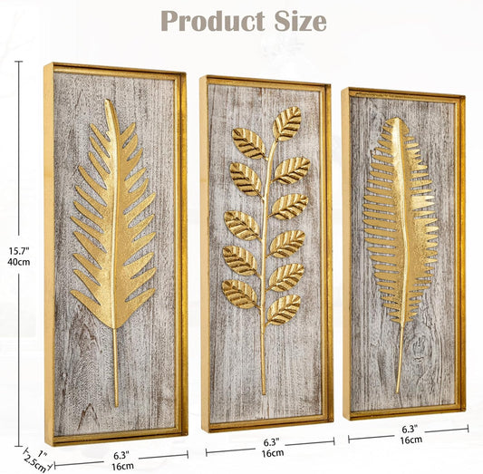 Briful Metall Wanddeko 3Er Set – Goldene Blätter Auf Holzoptik, 40X16 Cm – Modernes Wandbild Aus Holz & Metall – Wohn- & Schlafzimmer Deko, Boho Vintage Stil, Wandkunst Mit Naturmotiv