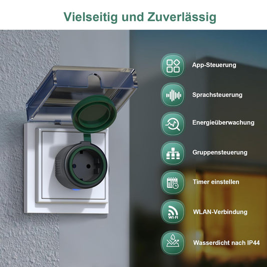 EIGHTREE WLAN Steckdose Outdoor, IP44 Außensteckdose Wasserdicht, WLAN Steckdose Mit Strommessung Kompatibel Mit Alexa, Smartthings&Google Home, Zeitschaltuhrfunktion, Fernbedienung&Stimmenkontrolle