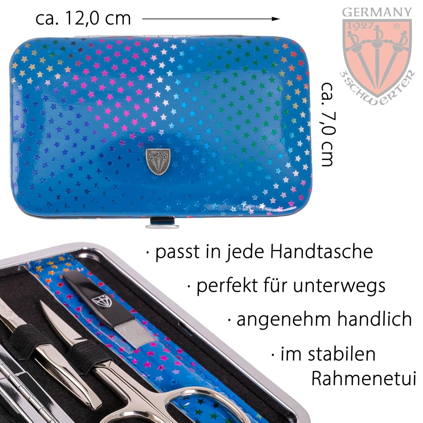 DREI SCHWERTER - Germany 6-Tlg. Maniküreset 'Genova' | Set Im Nageletui Aus Kunstlackleder Blau Sterne | Inhalt: Nagelschere, Hautschere, Nagelknipser, Glasnagelfeile, Pinzette, Saphirnagelfeile