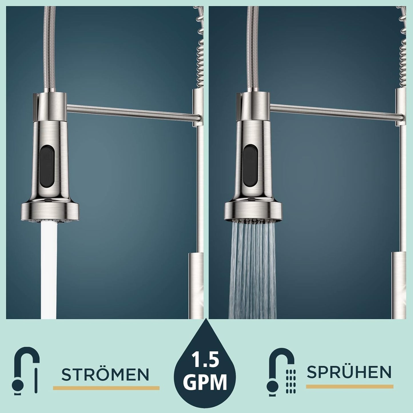 FORIOUS Wasserhahn Küche, Hoher Bogen Hochdruck Küchenarmatur Mit Herunterziehen Brause Armatur, Mischbatterie Spültischarmatur Küchenarmaturen, 360° Schwenkbar Zwei Sprühfunktionen, Edelstahl