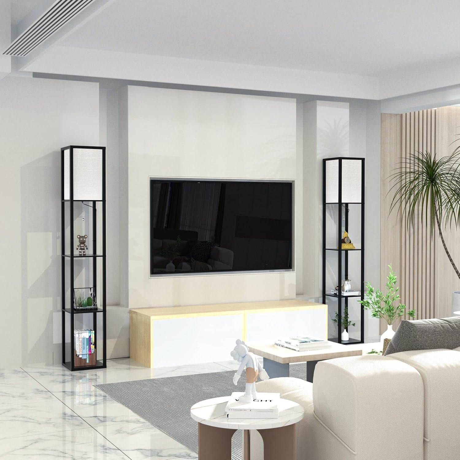 Stehlampe Mit Regal Aus Holz, Stehlampe Wohnzimmer Mit 3 Farbtemperatur, Stehleuchte 1.62M Mit Lampenschirm, Moderne Schwarz Standleuchte Mit 3 Holzregale Für Whonzimmer Schlafzimmer Büro